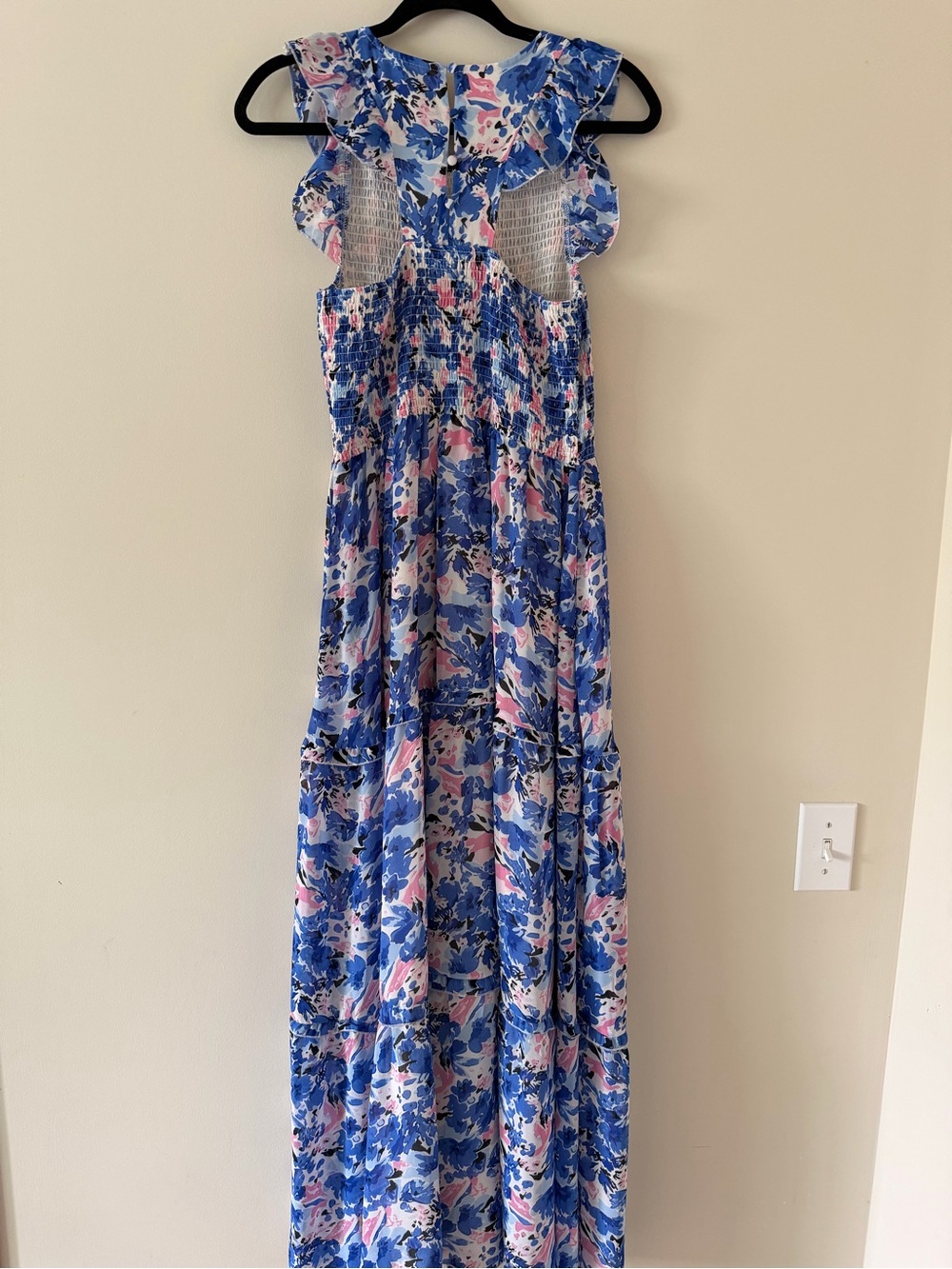 MELLODAY Blue Floral Smocked Maxi Dress with Ruffle Shoulders
